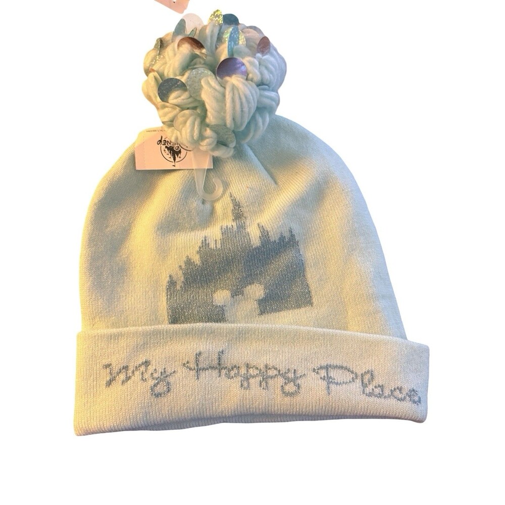 Disney Parks My Happy Place Castle Pom Beanie Light Blue Winter Hat New